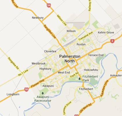 satellite map image of Palmerston North, New Zealand shows road/location map